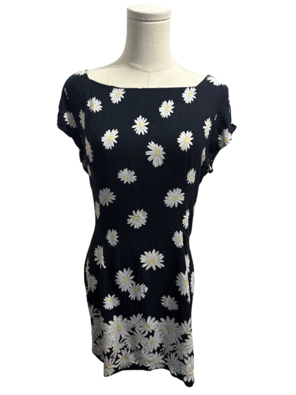 Vintage Chamblis Black Daisy Print Boatneck Women's Dress - size S
